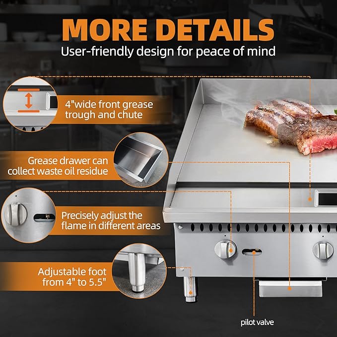24" Commercial Countertop Griddle, 2 Burners Gas Griddle, 60000 BTU Output, Stainless Steel Flat Top Grill Hot Plate with Natural Gas and Propane Conversion Kit for Restaurant, Food Truck