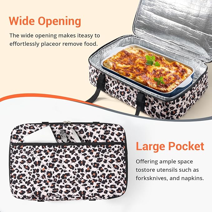 Lunch Bag - Large Insulated Casserole Carrier, Reusable Lunch Box for Men/Women, Insulated Lunch Bag Leakproof Lunchbox for Men Adults Work Picnic Hiking Beach (Leopard Print) 17.12" x 11.42"x 4.53"