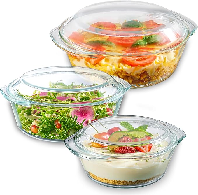 6pc Glass Tureen Dishes for Oven with Lids, Durable Borosilicate Glass Covered Bakeware Set, Microwave Safe, Versatile Round Baking Dishes for Oven with Lid, Clear Lead-Free Casserole Cookware.