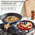 KITESSENSU Enameled Cast Iron Skillets - Non Stick Frying Pans Set with Durable Wooden Handle - 8&10&12 In Titanium Cast Iron Pans for Multi-Cooking - Pre Seasoned Cookware Set - Gradual Cobalt Blue