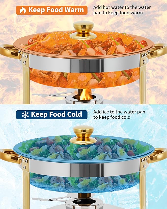 Garvee 4 Pack Chafing Dishes for Buffet, 5 QT Round Buffet Servers and Food Warmer Set with Lid, Stainless Steel Chafers for Catering Parties Wedding Banquet, Gold