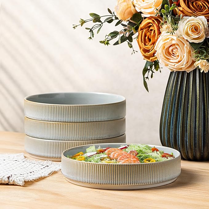 theterra 7.5'' Ceramic Pasta Bowls, Salad Bowls Set of 4, Stoneware Serving Bowls for Fruits, Noodle, Dinner, House-warming Wedding Present, Desert Sage