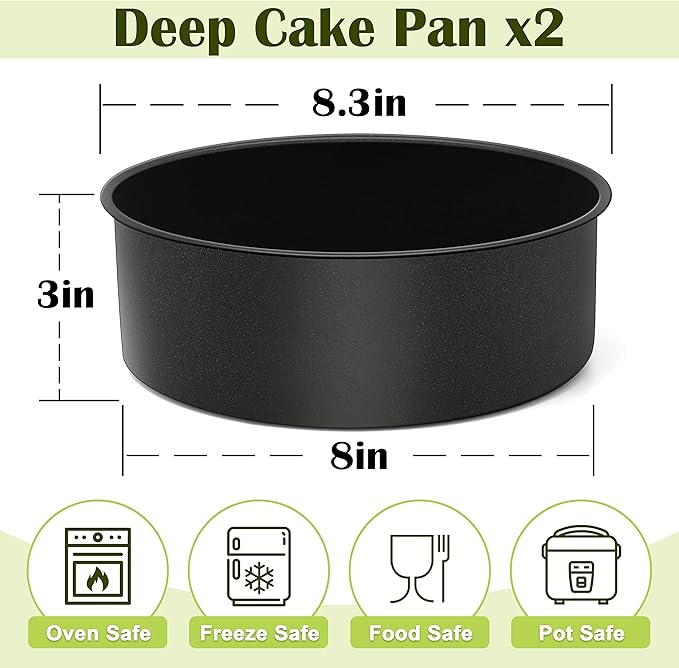 E-far 8 x 3 Inch Cake Pan Set of 2, Nonstick Stainless Steel Round Cake Pans Tin for Baking Birthday Wedding Layer Cakes, Stainless Steel Core & Non-toxic Coating, Deep & Straight Side