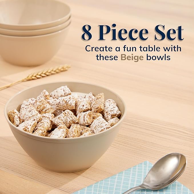 US Acrylic Wheat Straw Unbreakable 28 oz. Stackable Cereal Bowls for Snacks & Ice Cream in Beige Colors (Set of 8) 6-inch Reusable, BPA-Free, Dishwasher Safe Dinnerware, Made in USA
