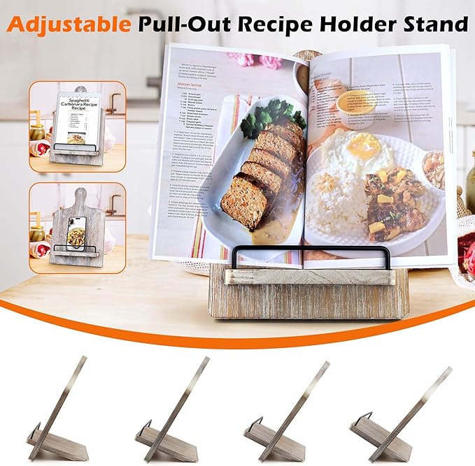 Cookbook Stand Wooden Recipe Book Holder: Recipe Book Stand for Kitchen Counter - Adjustable Cookbook Holder - Rustic Wood Cutting Board Style - Gift - Gray