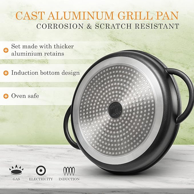 Moss & Stone Nonstick Grill Pan for Indoor Cooking 12", The Whatever Pan Cast Aluminum Griddle Pan for Stove Top Dishwasher & Oven Safe, Induction Grill Pan with Lid with Silicone handles PFOA Free