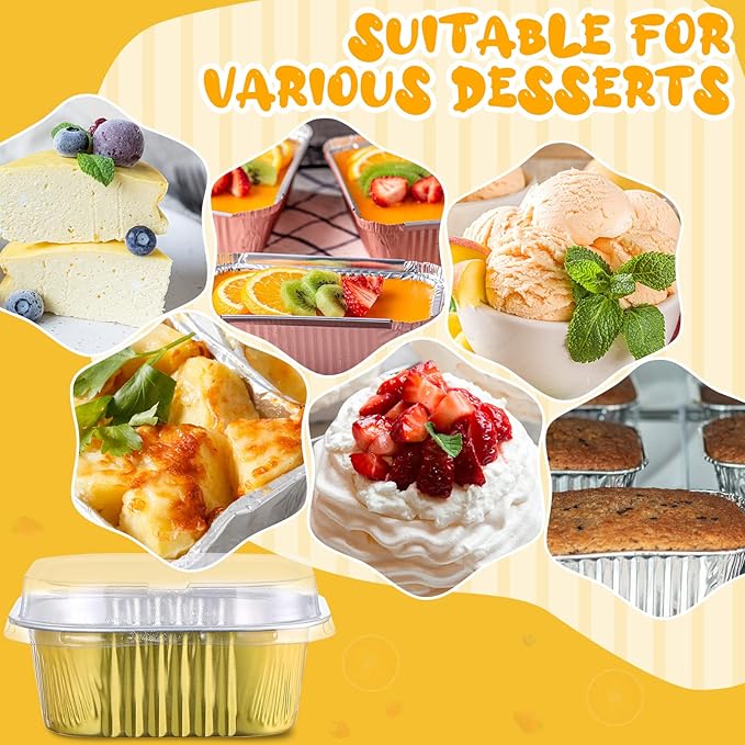 Aoriher 150 Pieces 10 oz Mini Cake Pans with Lids Aluminum Foil Baking Cups Square Disposable 4" x 4" Large Cupcake Cups Baking Tins for Kitchen Brownie Pudding Desserts Holders(Gold, Silver)