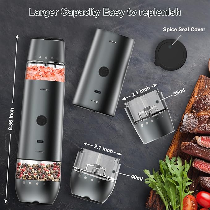 Electric Salt and Pepper Grinder Set 2 In 1 Duel Heads Grinding, Type-C Rechargeable, One-Hand Operation & Gravity, Automatic Salt and Pepper Grinder Set, Adjustable Coarseness (Gunmetal Grey)