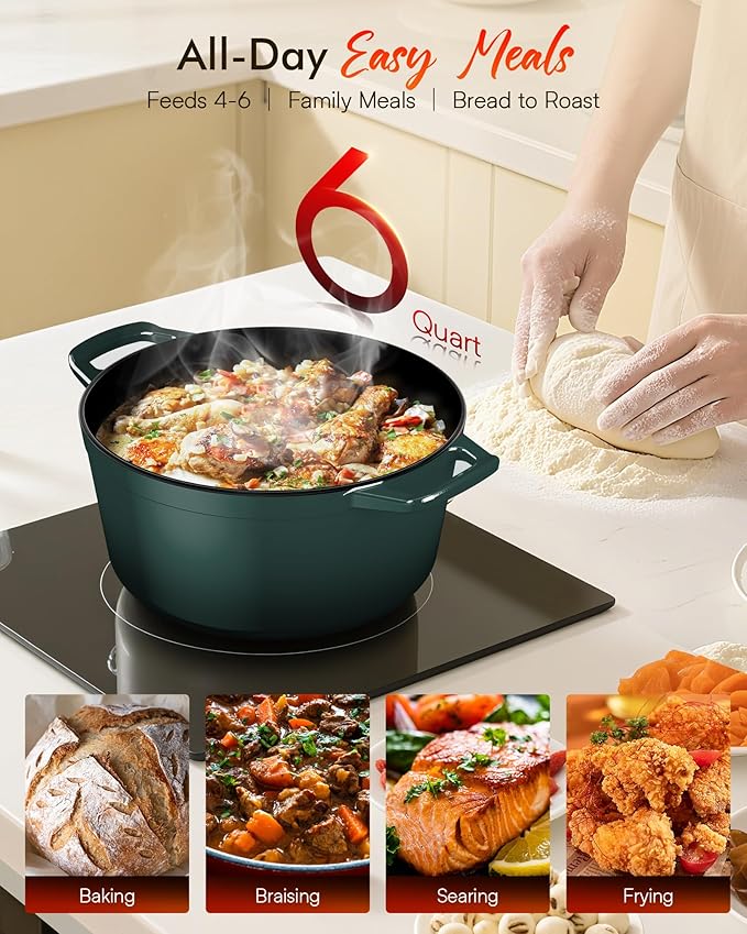 Nuwave 6QT Healthy Enameled Cast Iron Dutch Oven Pot with Lid, Heavy Duty 7-Layer Enamel, Enhanced Rust Protection, Dual Handles, Oven Safe to 500°F for Sourdough Bread Baking, Braise, Stew, Roast