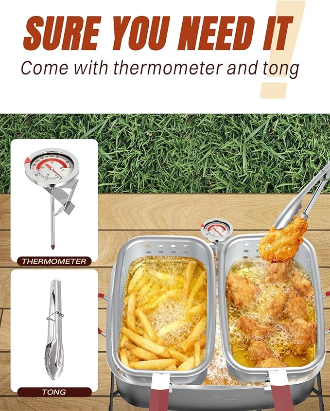 Deep Fryer Pot 18QT | Fish Fryer Pot with 2*9QT Baskets | Heat-Resistant Silicone Handles | Lid & Fryer Tong & Thermometer | Outdoor Fryer Pot for Frying Fish, French Fries, Chicken Wings | Aluminum