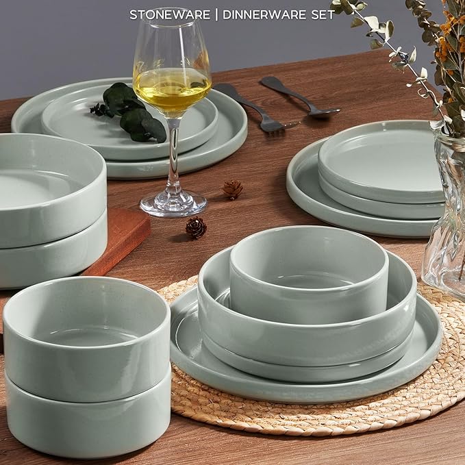 Stoneware Dinnerware Sets for 6 with Double Bowl, Onader 24 Piece Plates and Bowls Dish Dinner Set, Speckled Kitchen Dishware Tableware – Pale Sage Green