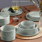 Stoneware Dinnerware Sets, Onader 8 Piece Plates and Bowls Dishes Sets for 2, Speckled Kitchen Dishware Dining Ware with Double Bowl – Pale Sage Green