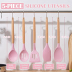 E-far Silicone Cooking Utensils Set, 5-Piece Kitchen Utensils Set with Wooden Handle for Cooking, Silicone Kitchen Nonstick Tools Spatula Turner Slotted Spoons, Nontoxic & Heat Resistant-Pink