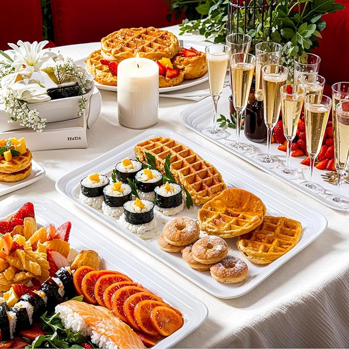 SUT 4-Pack Plastic Large White Serving Trays Set - 16" x 11" Reusable Serving Platters for Cookie, Appetizer, Charcuterie, Snack, Dessert, Party Food Display - Stackable Serving Trays for Party