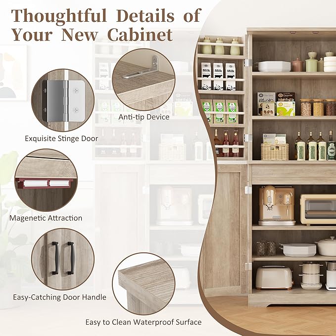 Shintenchi Kitchen Pantry Cabinet, Freestanding Farmhouse Storage Cabinet with 8 Door Shelves, 2 Cabinets and 1 Drawer, Tall Cupboard for Kitchen, Living Room, Dining Room and Bathroom, Ash Gray