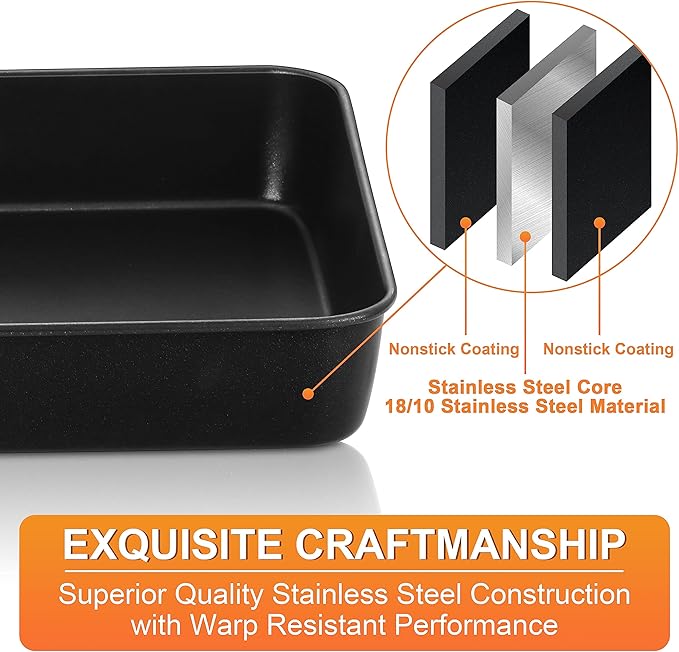 Herogo Deep Baking Pan Set of 2, 8 X 10.5 Inch Non-Stick Sheet Cake Pan for Oven, Rectangle Stainless Steel Lasagna Brownies Casseroles Cakes Bakeware, Dishwasher Safe