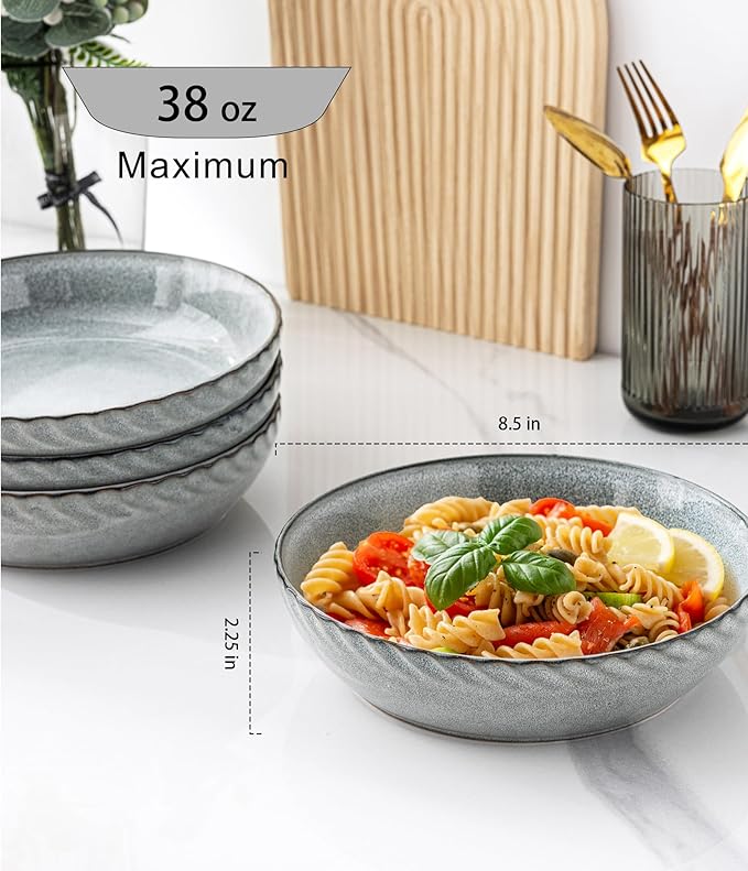 GBHOME 8.5'' Large Pasta Bowls, 38 Ounce Stoneware Salad Bowls for Kitchen, Ceramic Serving Bowls With Textured Pattern for Pasta,Fruit, Stews,Noodle, House-warming Gift,Set of 4