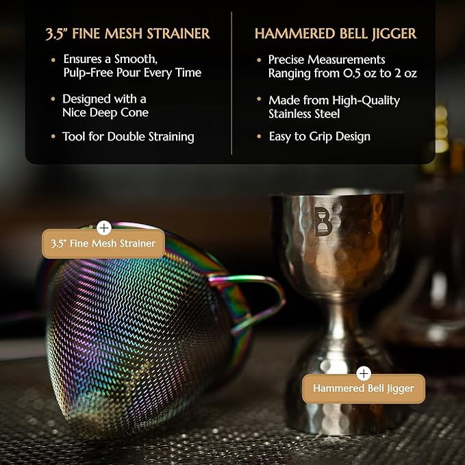 5 Piece Cocktail Kit by Bull In China - Premium Bartender Gift Set Includes Weighted 2 Piece Boston Shaker, Hammered Bell Jigger, Hawthorne Strainer & Fine Mesh Strainer (Stainless Steel)