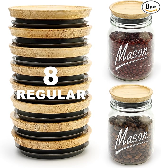 8 Pack Bamboo Regular Mouth Mason Jar Lids Canning Supplies Small Mouth Mason Jars Tops Accessories Decorative Reusable Wooden Silicone Canning Lids Glass Cups with Wood Airtight Lid for Jar Covers