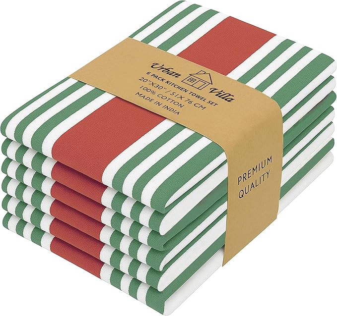 Urban Villa Kitchen Towels 100% Cotton Pack of 6, Highly Absorbent Quick Drying Super Soft Premium Dish Towels 20x30 Inch for Kitchen with Hanging Loop Hand & Tea Towels - Red/Green/White