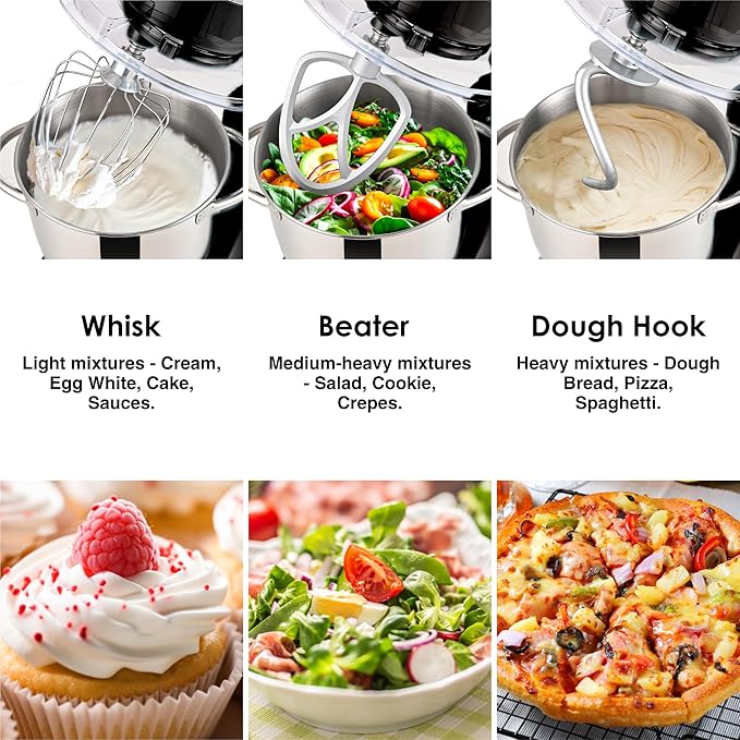 Kitchen in the box Stand Mixer, 5QT Two bowls Electric Food Mixer, 10 Speeds 3-IN-1 Kitchen Mixer for Daily Use with Egg Whisk,Dough Hook,Flat Beater (Black, 5QT)