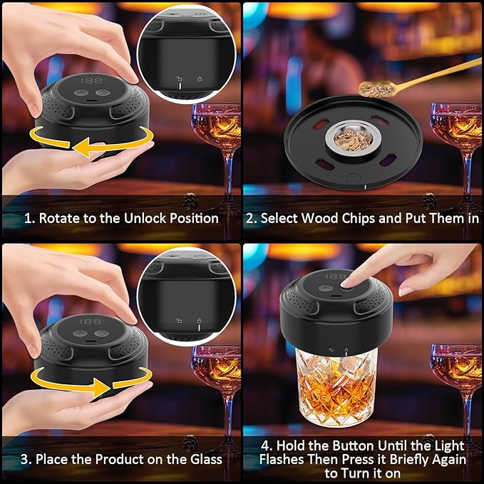 Electric Whiskey Smoker Kit, Cocktail Smoker Kit with LED Display Ambient Light Old Fashioned Smoker Kit with 6 Wood Chips Flameless Drink Smoker Kit Dad Birthday Gift Husband Men for Christmas