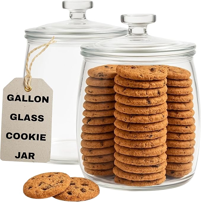 kitchentoolz 1 Gallon Glass Cookie Jar with Lid – Set of 2 Large Glass Jars with Lids for Cookies, Candy, Flour, Sugar, Pet Treats – Clear Glass Canisters for Food Storage - Pack of 2