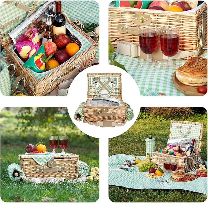 Picnic Basket for 2, Insulated Willow Picnic Baskets with Shoulder Strap, Picnic Hamper with Waterproof Picnic Blanket, Handmade Wicker Hamper for Outdoor Camping, Green Check