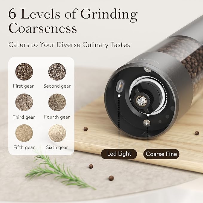 Ultrean Electric Pepper Grinder, Rechargeable Salt and Pepper Grinder with 6 Adjustable Coarseness, LED Light, One-Hand Automatic Operation, Starry Gray