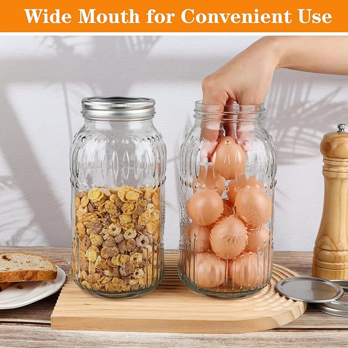 Wide Mouth Mason Jars 64 oz, 3 Pack Large Half Gallon Mason Jars with Airtight Lids and Bands, Clear Glass Canning Jars for Preserving, Pickling, Fermenting, Meal Prep & DIY Crafts (Sunflower)