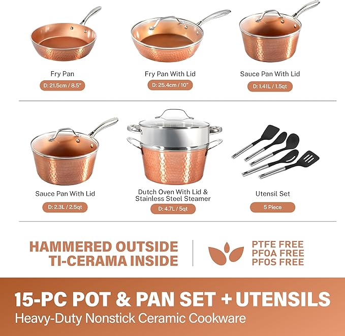 Gotham Steel Hammered 15 Pc Ceramic Cookware Set, Induction Pots and Pans Set Non Stick with Cooking Utensils & Steamer, Non Toxic Ceramic & Titanium Coating PFOA PFOS Free, Oven & Dishwasher Safe