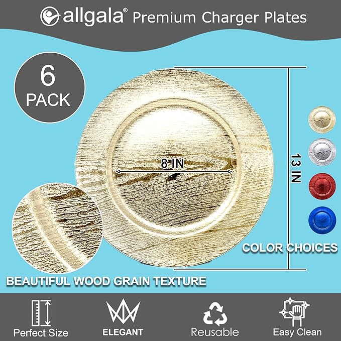 allgala 13-Inch 6-Pack Heavy Quality Round Charger Plates-Grain Gold-HD80301