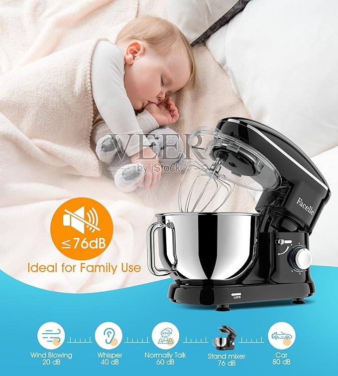 Facelle Stand Mixer, 660W 6 Speed Electric Kitchen Mixer with Pulse Button, Attachments include 6.5QT Bowl, Dishwasher Safe Beater,Dough Hook,Whisk & Splash Guard for Dough,Baking,Cakes,Cookie(Black)