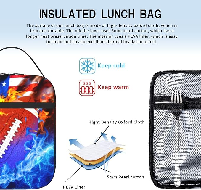 American Football Lunch Bag for Boys Girls Football Lunch Box for Kids Teens School Work Office Travel Picnic Hiking Insulated Reusable Waterproof Leakproof Boys Lunchbox School Gift