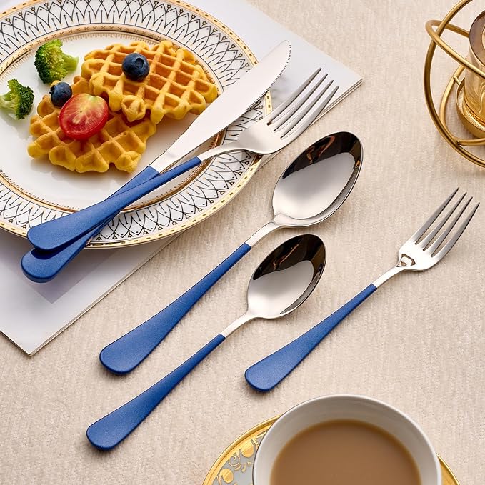 20-Piece Dark Blue Silverware Set 18/0 Stainless Steel Silverware Set Dark Blue Handle Cutlery Set Service for 4 Dinner Knives Forks Spoons Set Flatware Set Finish Dishwasher Safe