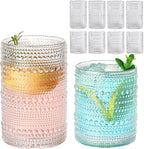 Vintage Hobnail Drinking Glasses Set of 8,Clear 12 oz & 15oz Highball Glass Cups, Kitchen Drinkware Glassware,Embossed Water Tumbler,for Beer,Cocktail,Whiskey,Juice and Various Mixed Drinks