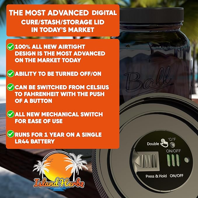 Digital Starter Curing Kit: V2 Lid Set - 4 Airtight Digital Wide Mouth Mason Jar Lids, Celsius/Fahrenheit, ON/OFF Switch + 8G Organic 2 Way Humidity Packs (4-Pack)