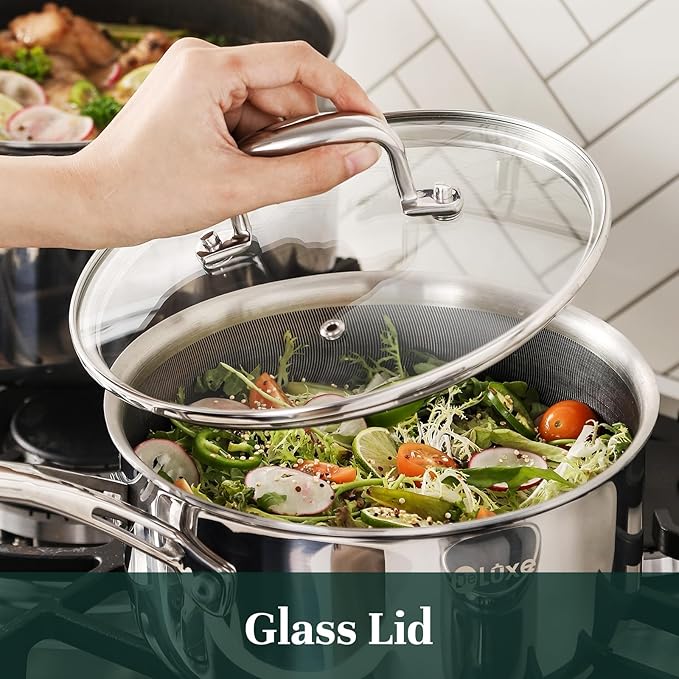 DELUXE Hybrid Nonstick 6 PCS Pot Set, 1.3, 3&5.4-Quart Pot with Tempered Glass Lid, Stainless Steel Cookware Pots with Stay-Cool Handle, Dishwasher Safe, Compatible with All Cooktops