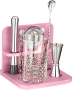 Crystal Cocktail Mixing Glass Set with Bamboo Stand - 22 Oz 650ml - Thick and Sturdy Bottom, Durable and Seamless Design with Bar Accessories, Pink