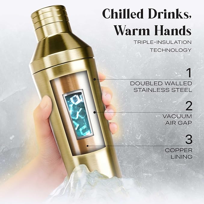 Insulated Cocktail Shaker Set | Double Wall Stainless Steel | Martini Shaker for Home Bar Bartending | Built-in Drink Measurement System & Strainer, Travel Bag, 35 Recipes | Gift Set (Gold)