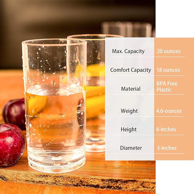 AOYITE 20-ounce Plastic Tumblers Dishwasher-Safe Premium Quality Juice Water Glasses BPA-free Clear Set of 6 Drinking Cups