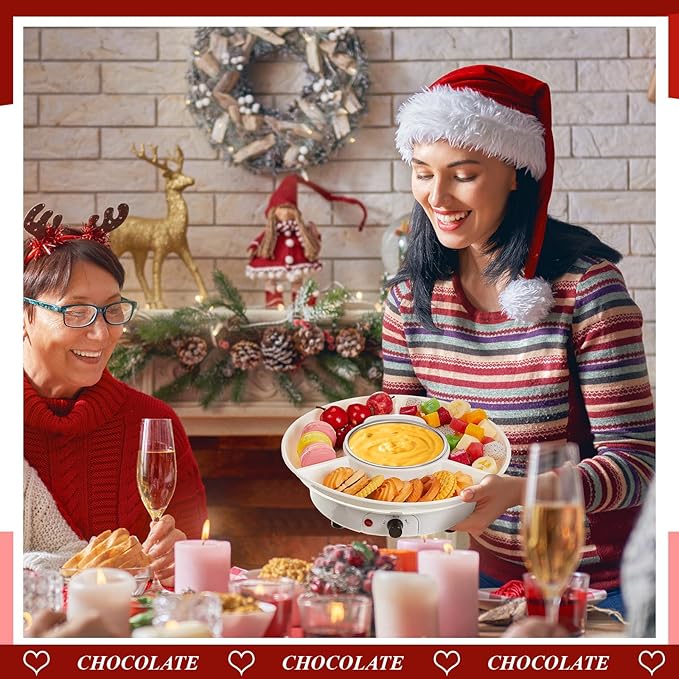 Lallisa Electric Fondue Pot Set, Chocolate Fondue Kit, Electric Fondue Maker, Detachable Serving Trays with 4 Roasting Forks, Gift Set for Date Night House Warming Melting Parties(White)