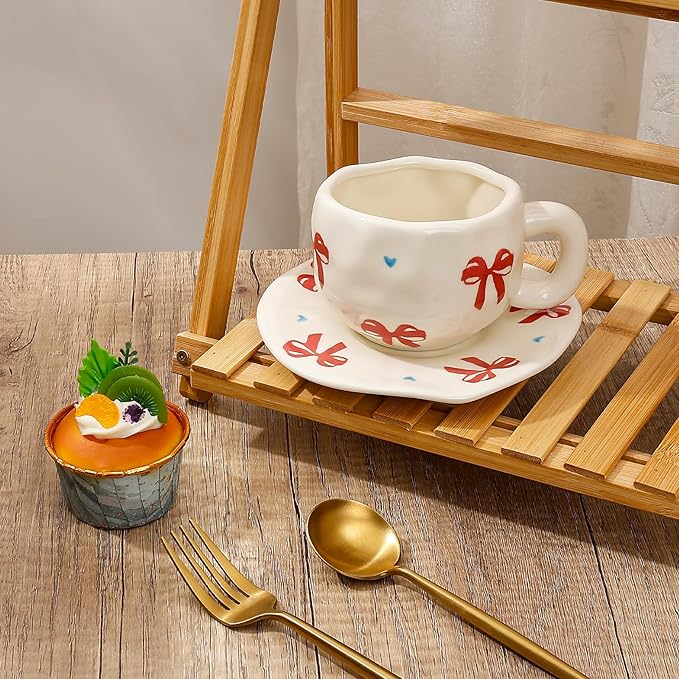 Koythin Ceramic Coffee Mug with Saucer Set, Cute Red Big Bow Cup Unique for Office and Home, 10 oz/300 ml for Latte Tea Milk