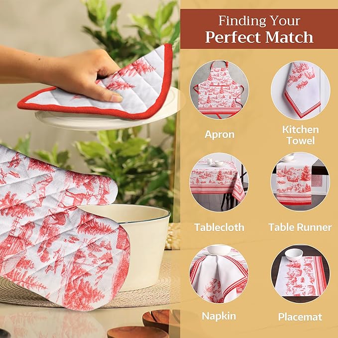 Maison d' Hermine Pot Holders Set 100% Cotton Heat Resistant Potholders 8" x 8" Hot Pads with Loop BBQ, Cooking, Baking, Grilling, Kitchen, Handling Hot Pans (Pack of 2, Winter Jouy)