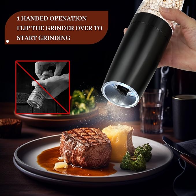 Gravity Electric Salt and Pepper Grinder Set of 2, Automatic Pepper Mill, USB Rechargeable, Adjustable Coarseness, One-handed Operation, Ceramic Burr, Refillable, Auto Grinders with LED light