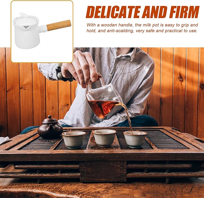 BESTonZON Ceramic Milk Warmer Pot 350ml Enamel Pan Non-stick Saucepan With Lid Porcelain Coffee Pot Food Bowl Butter Warmer With Wooden Handle for Heating Liquid Appetizer