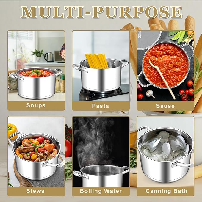 Leonyo 5 Quart Stock Pot with Lid, 18/10 3-ply Stainless Steel Stockpot for Induction Ceramic Gas Stoves, Heavy Duty Cooking Pot for Canning, Boiling, Simmering, Cooking Pot for Pasta, Soup, Spaghetti