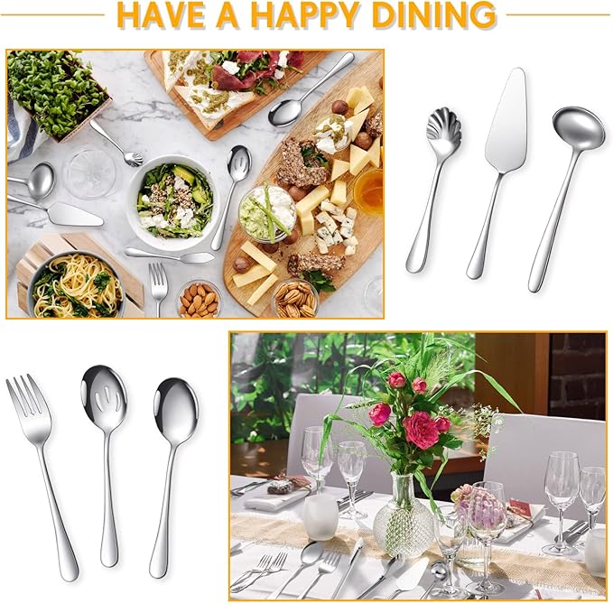 Patelai Serving Utensils Set Include Stainless Steel Large Spoons Slotted Spoons Forks Tongs Soup Ladle and Pie Server for Parties Buffet Catering, Dishwasher Safe(Silver,7 Pieces)