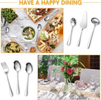Patelai Serving Utensils Set Include Stainless Steel Large Spoons Slotted Spoons Forks Tongs Soup Ladle and Pie Server for Parties Buffet Catering, Dishwasher Safe(Silver,7 Pieces)