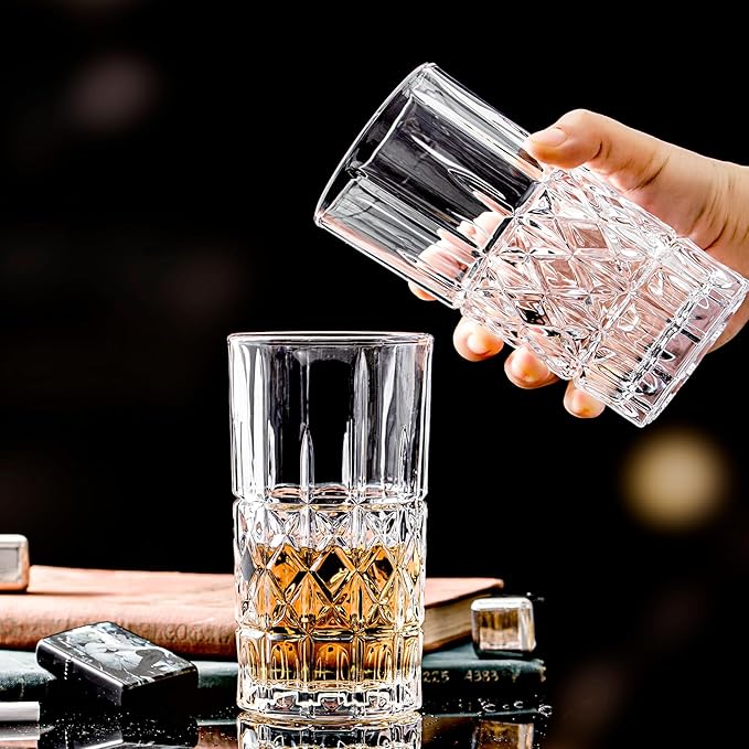 Tall Highball Glasses Set of 6, 14 Ounce Cups, Textured Designer Glassware for Drinking Water, Beer, or Soda, Trendy and Elegant Dishware, Dishwasher Safe